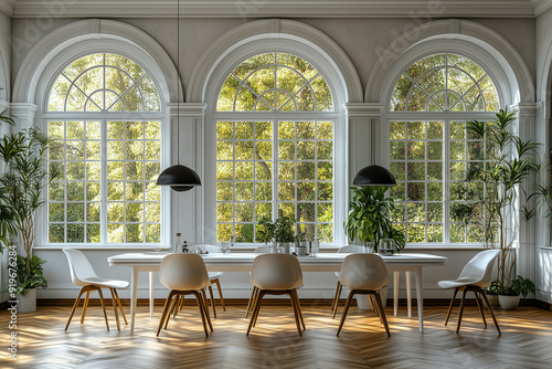 White dining room interior with arched windows, white table and chairs near wall with lamp on herringbone parquet floor. Minimalist home design of modern apartment or house