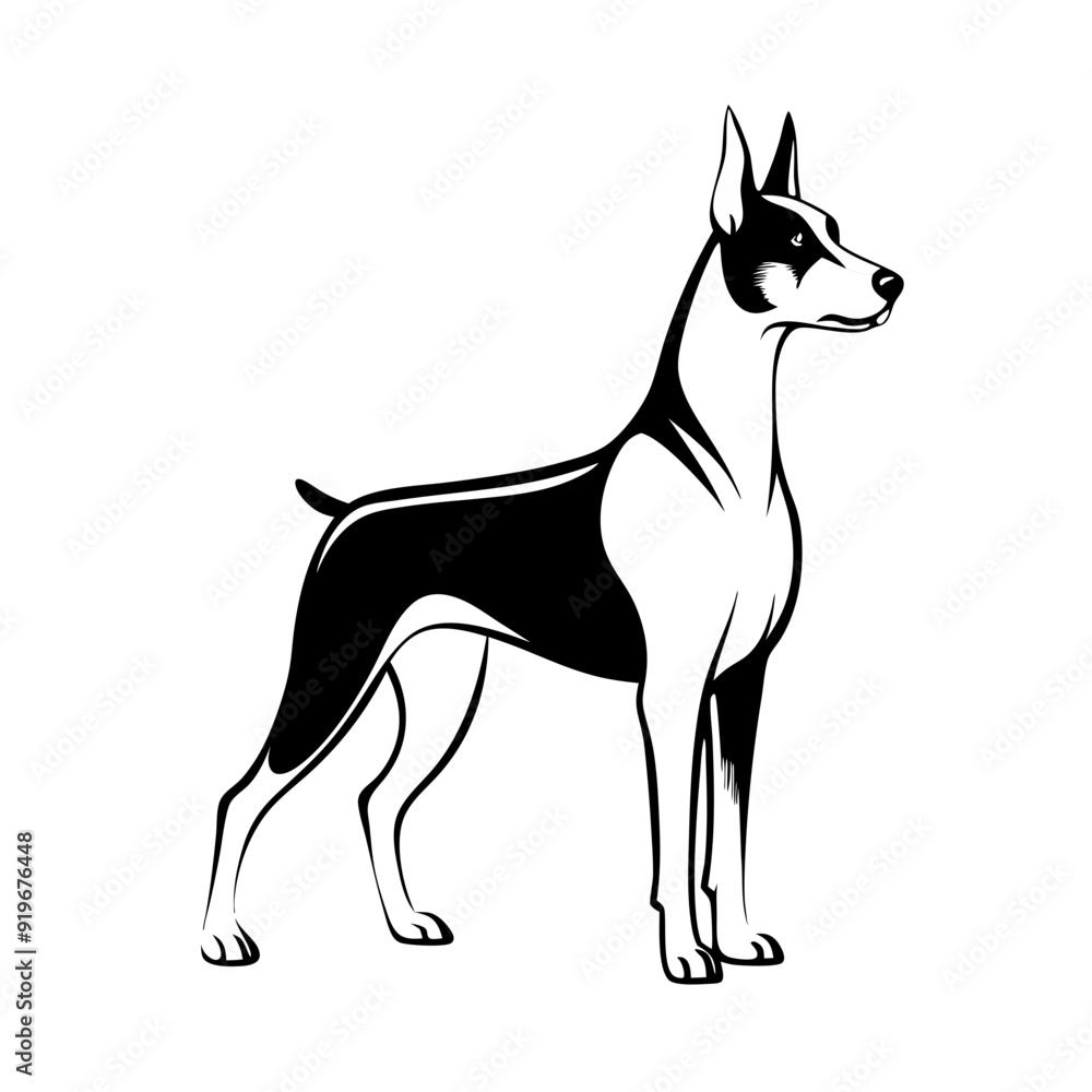 black line drawing of doberman dog standing confidently, poses proudly, unique coat black line drawing of doberman dog standing confidently, poses proudly, unique coat