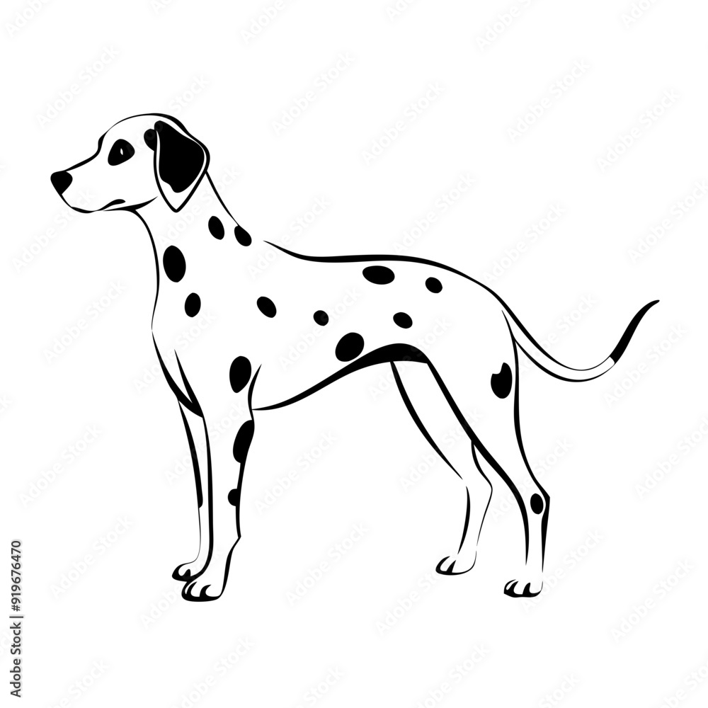 Dalmatian dog standing elegantly in profile, distinctive spots, line art Dalmatian dog standing elegantly in profile, distinctive spots, line art