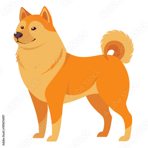 cartoon cheerful Finnish spitz standing proudly, thick orange fluffy coat, lively expression