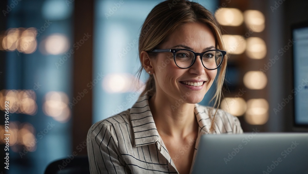 Woman, glasses and office with research on computer, smile for career with media or press. Female journalist, happiness and workplace with online reading for news article, digital tech for report Woman, glasses and office with research on computer, smile for career with media or press. Female journalist, happiness and workplace with online reading for news article, digital tech for report