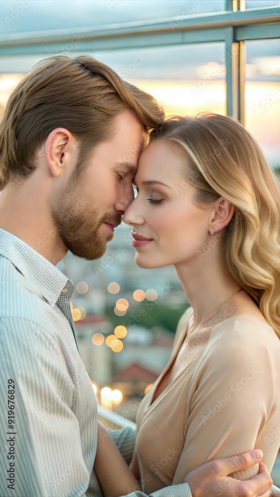 Naklejka premium Happy couple standing close, foreheads touching, calm and joyful expressions with a blurry cityscape and lights in the background