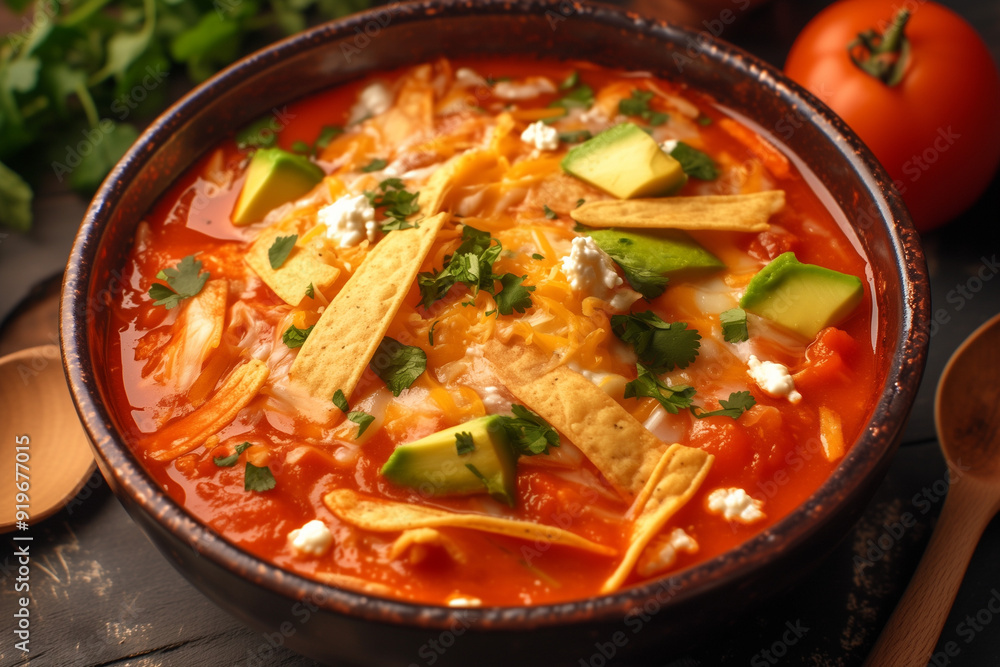 flavorful sopa de tortilla with a spicy tomato broth, garnished with avocado, cheese, and cilantro flavorful sopa de tortilla with a spicy tomato broth, garnished with avocado, cheese, and cilantro