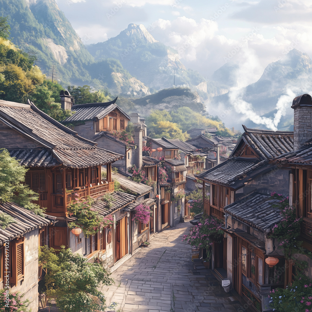 A historic town with traditional Asian houses, featuring ancient architectural details, Japan, China, Thailand and nature A historic town with traditional Asian houses, featuring ancient architectural details, Japan, China, Thailand and nature