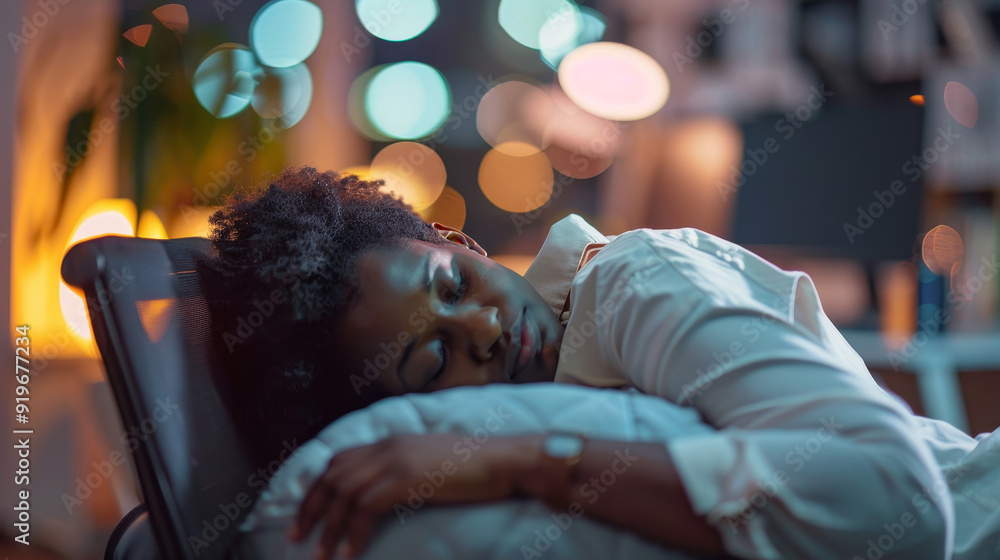 Obraz premium A woman sleeps soundly at her desk, her head resting on her arm, symbolizing exhaustion, stress, overwork, burnout, and the need for rest.