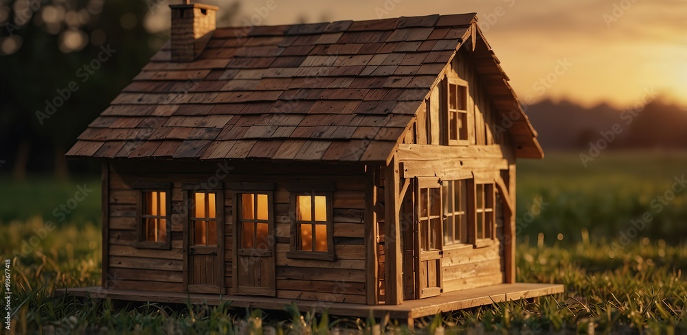 Wooden model house placed in a field at sunset, ideal for construction and real estate themes, with a backdrop of open space for text or images. with copyspace image Wooden model house placed in a field at sunset, ideal for construction and real estate themes, with a backdrop of open space for text or images. with copyspace image
