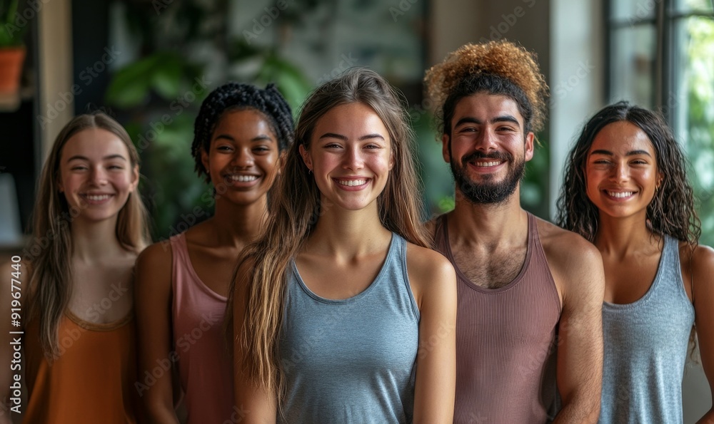 Group of happy friends standing together in a yoga studio, Generative AI Group of happy friends standing together in a yoga studio, Generative AI