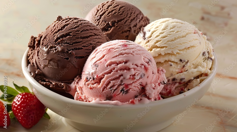 Vanilla, strawberry, and chocolate ice cream in a trio, Generative AI. Vanilla, strawberry, and chocolate ice cream in a trio, Generative AI.