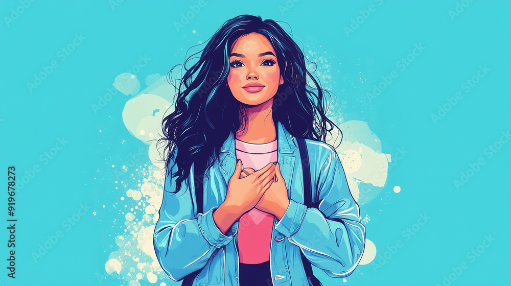 A stylish illustration of a young woman in a trendy, modern outfit, holding her hands over her heart and smiling with a mix of confidence and warmth. A stylish illustration of a young woman in a trendy, modern outfit, holding her hands over her heart and smiling with a mix of confidence and warmth.