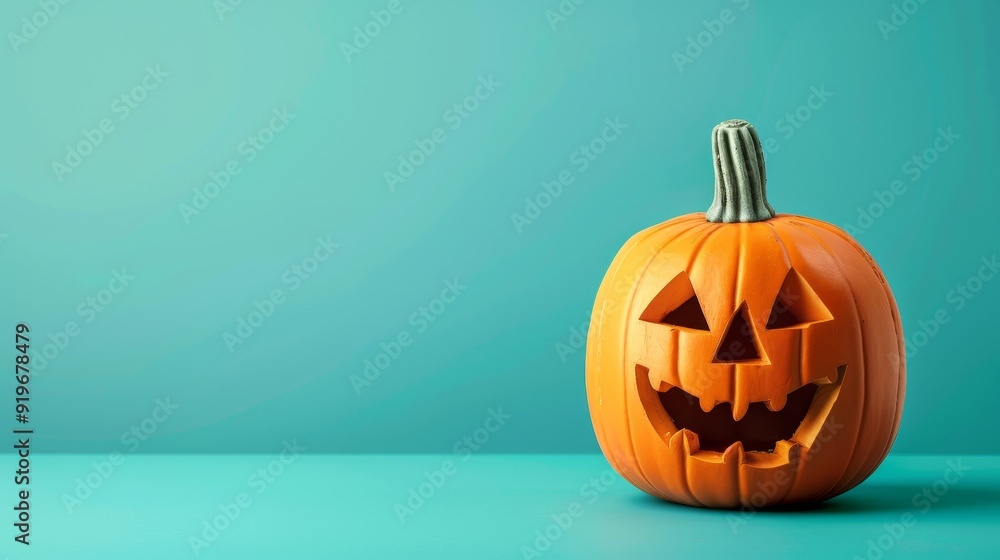 A classic jack-o'-lantern with a carved grinning face sits on a vibrant turquoise background, symbolizing Halloween, autumn, spooky fun, tradition, and festive cheer. A classic jack-o'-lantern with a carved grinning face sits on a vibrant turquoise background, symbolizing Halloween, autumn, spooky fun, tradition, and festive cheer.