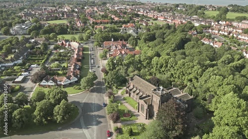 Aerial view of Christchurch church in English village of Port Sunlight, Wirral, England