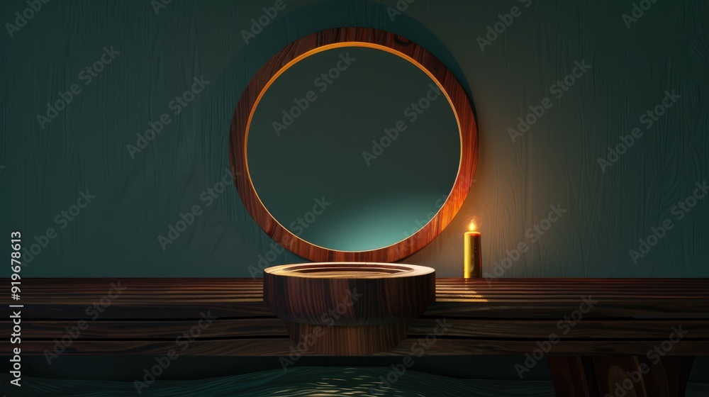 Wooden podium dress table with circular mirror and lit candle. Wooden podium dress table with circular mirror and lit candle.