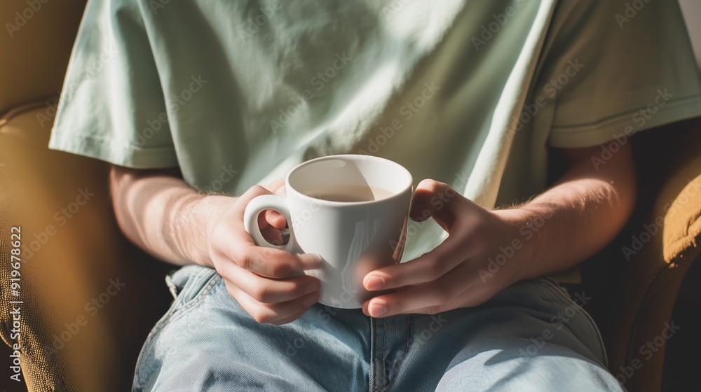 A person enjoys a warm drink while sitting comfortably in a cozy chair during daylight hours A person enjoys a warm drink while sitting comfortably in a cozy chair during daylight hours