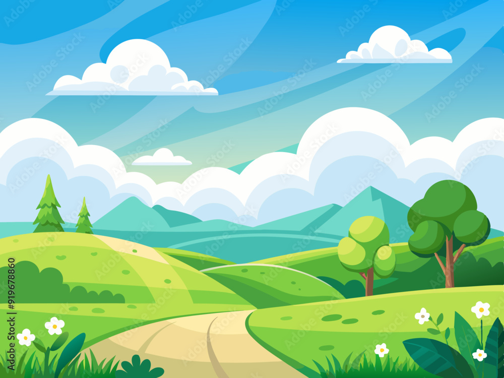 Cartoon landscape with white clouds on sky. Background with cloud and beautiful field, summer green country hill, meadow scene, spring nature land. Vector illustration
Cartoon landscape with white clouds on sky. Background with cloud and beautiful field, summer green country hill, meadow scene, spring nature land. Vector illustration