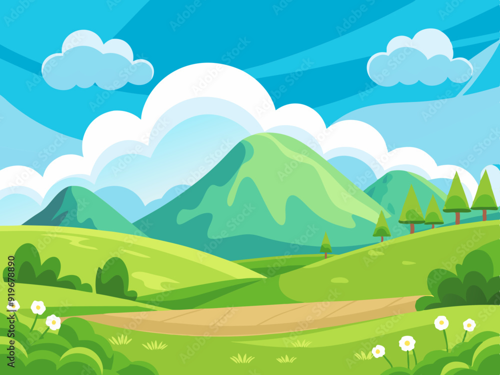 Cartoon landscape with white clouds on sky. Background with cloud and beautiful field, summer green country hill, meadow scene, spring nature land. Vector illustration
Cartoon landscape with white clouds on sky. Background with cloud and beautiful field, summer green country hill, meadow scene, spring nature land. Vector illustration
