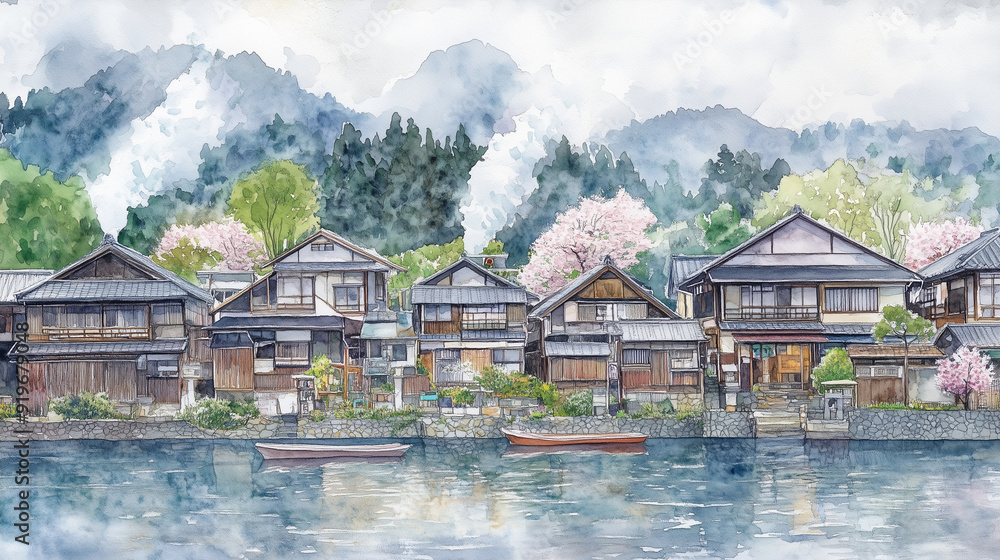 Fototapeta premium A historic town with traditional Asian houses, featuring ancient architectural details, Japan, China, Thailand and nature