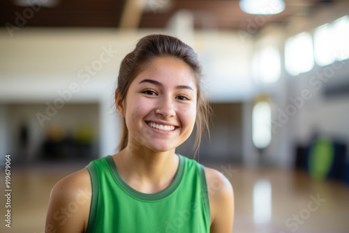 Smiling portrait of a female Caucasian teenage basketball player