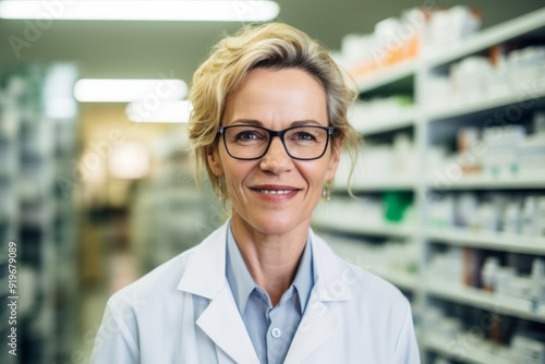 Smiling portrait of a middle aged female pharmacy worker