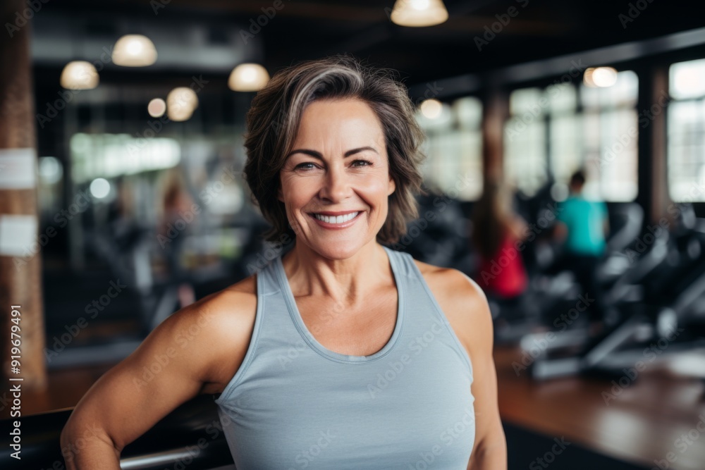 Fototapeta premium Smiling portrait of a slightly overweight middle aged woman in gym