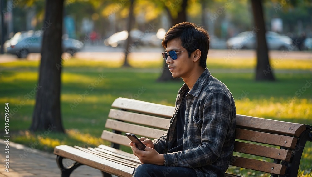Young blind man with smartphone sitting on bench in park in city, calling Young blind man with smartphone sitting on bench in park in city, calling
