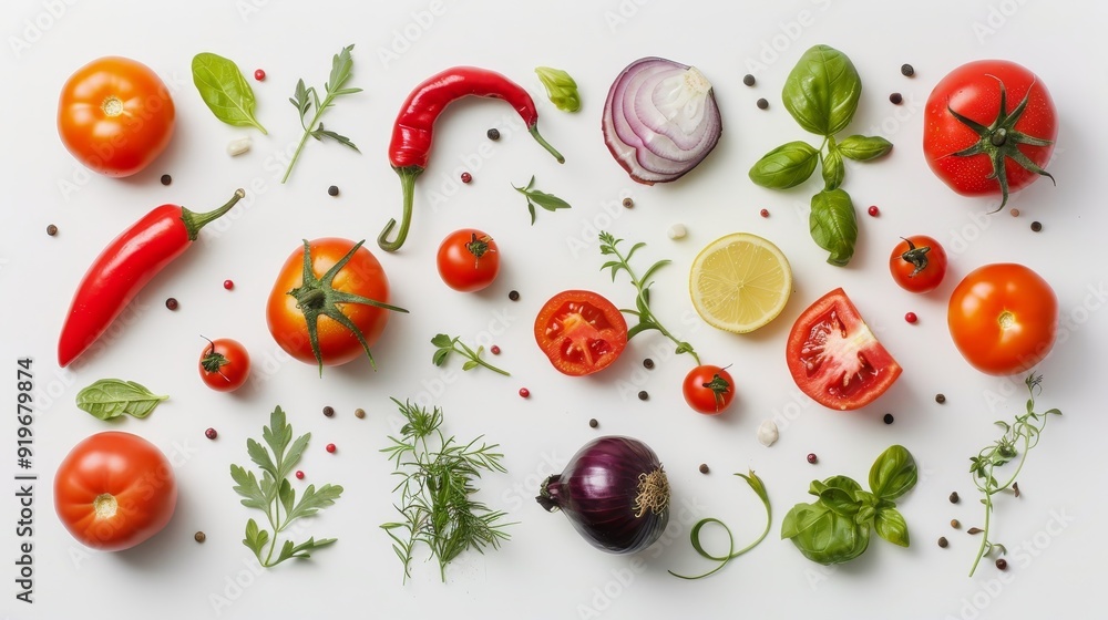 A flat lay of fresh vegetables and herbs on a white background, including tomatoes, onions, peppers, basil, and dill, representing healthy eating, flavor, and culinary creativity. A flat lay of fresh vegetables and herbs on a white background, including tomatoes, onions, peppers, basil, and dill, representing healthy eating, flavor, and culinary creativity.