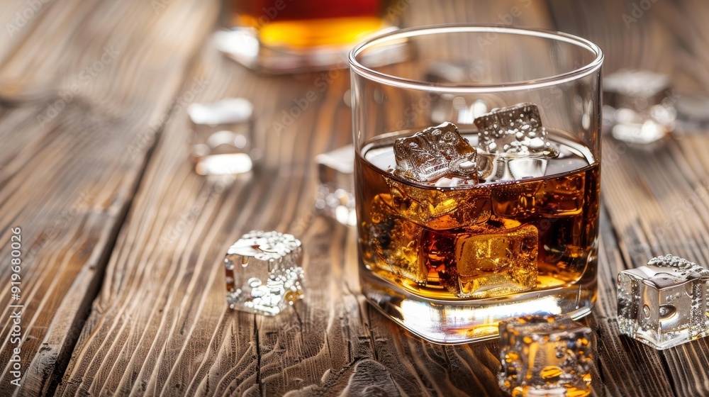 A glass of amber whiskey sits on a wooden table with ice cubes. This image symbolizes relaxation, indulgence, celebration, and a moment of peace. A glass of amber whiskey sits on a wooden table with ice cubes. This image symbolizes relaxation, indulgence, celebration, and a moment of peace.
