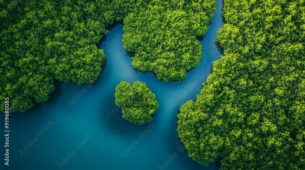 Aerial view of a mangrove forest with a turquoise blue water. The water is calm and clear, with a few small islands of mangrove trees in the middle. Aerial view of a mangrove forest with a turquoise blue water. The water is calm and clear, with a few small islands of mangrove trees in the middle.