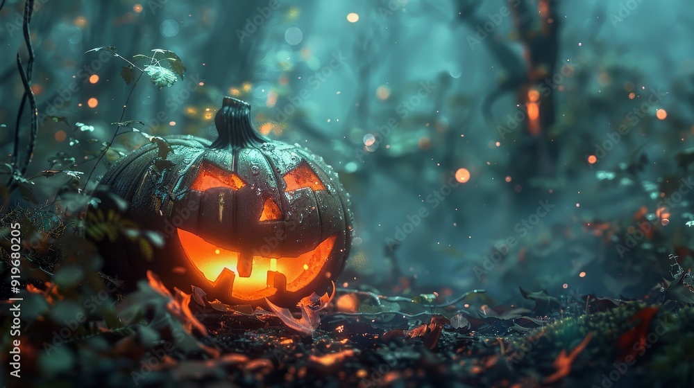 A glowing jack-o'-lantern sits in a misty forest, surrounded by fallen leaves and glowing fireflies. The scene evokes a sense of mystery and magic, perfect for Halloween. A glowing jack-o'-lantern sits in a misty forest, surrounded by fallen leaves and glowing fireflies. The scene evokes a sense of mystery and magic, perfect for Halloween.