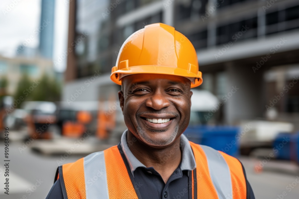 Smiling portrait of a middle aged African American male engineer on construction site Smiling portrait of a middle aged African American male engineer on construction site