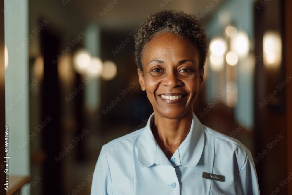 Smiling portrait of a middle aged female African American hotel worker Smiling portrait of a middle aged female African American hotel worker