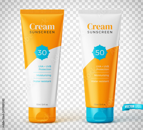 Vector realistic illustration of sunscreen tubes on a transparent background.