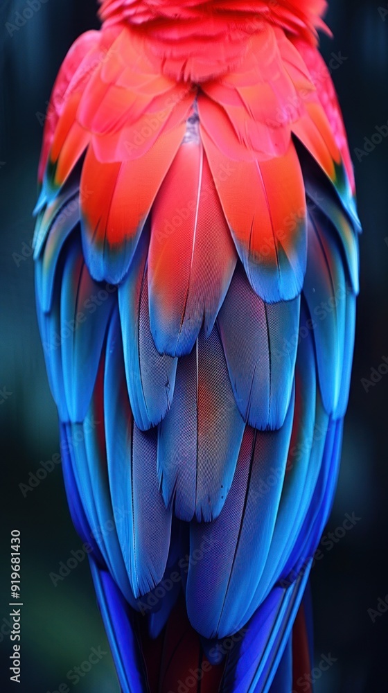 Obraz premium Up close: the vivid blue and red plumage of a Scarlet Macaw's back feathers