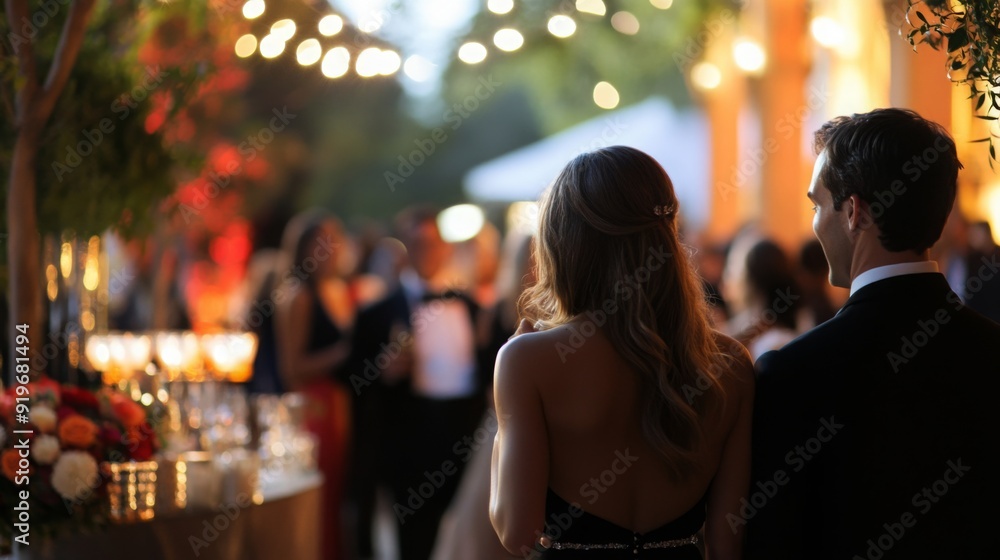 Guests enjoy an elegant outdoor gathering, mingling and celebrating as string lights illuminate the setting. People are dressed in formal attire, surrounded by decorations and refreshments. Guests enjoy an elegant outdoor gathering, mingling and celebrating as string lights illuminate the setting. People are dressed in formal attire, surrounded by decorations and refreshments.