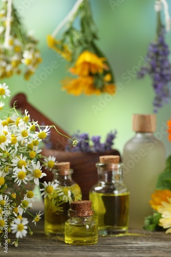 Wallpaper Mural Beautiful chamomile flowers and bottles of essential oils on wooden table Torontodigital.ca