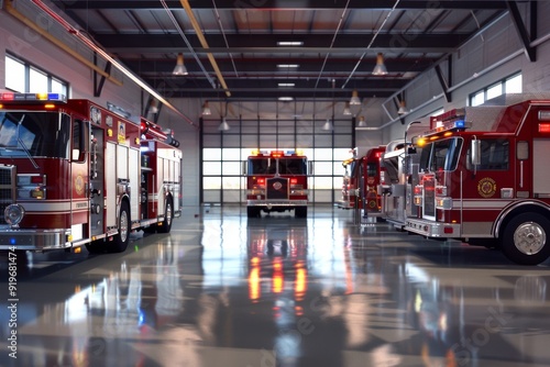 Interior of a fire station with trucks photo