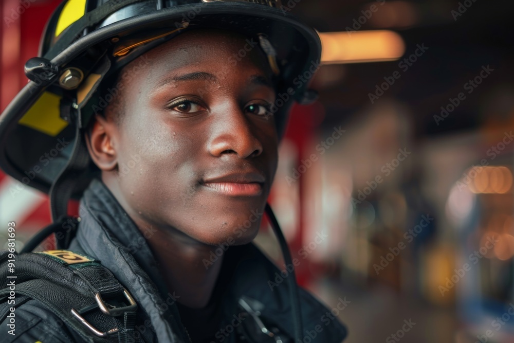 Portrait of a young African American male firefighter at station Portrait of a young African American male firefighter at station