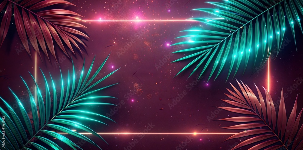 Vibrant neon palm leaves, energetic digital environment, tropical-inspired fashion or accessories Vibrant neon palm leaves, energetic digital environment, tropical-inspired fashion or accessories