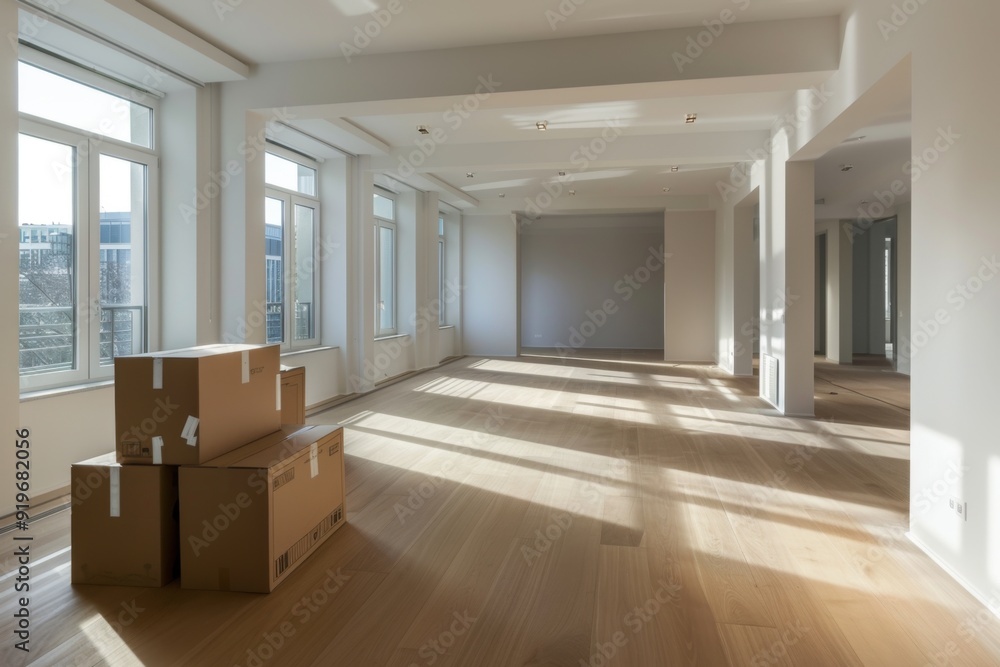 Fototapeta premium Interior of a modern empty home with moving boxes