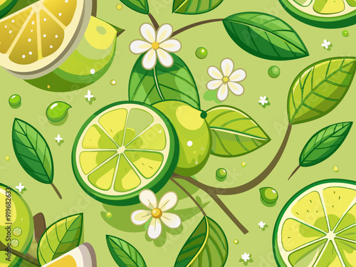 Cartoon limes. Sour lime slices, blossom and leaves on branches. Green citrus fruit seamless texture patterns vector illustration set. Juicy ingredient for drink, lemonade or mojito
