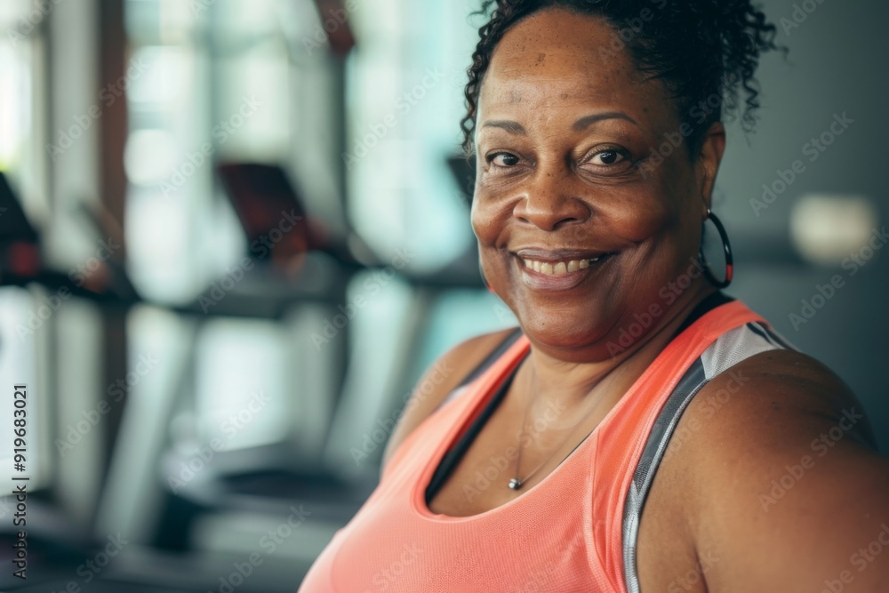 Smiling portrait of a middle aged slightly overweight black woman in gym Smiling portrait of a middle aged slightly overweight black woman in gym