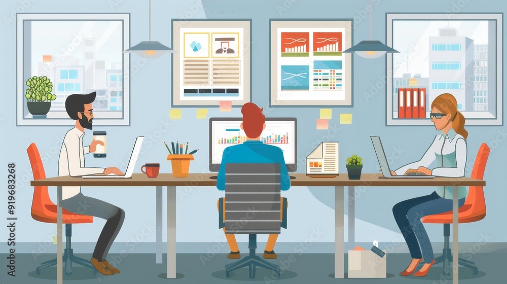 A team of three professionals working together in a modern office space, showcasing collaboration, technology, and a productive work environment. A team of three professionals working together in a modern office space, showcasing collaboration, technology, and a productive work environment.