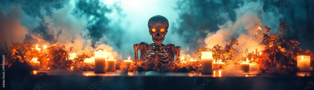 A Halloween party with haunted decorations such as creepy skeletons, ghostly figures, and dimly lit areas, creating an atmospheric and spooky setting A Halloween party with haunted decorations such as creepy skeletons, ghostly figures, and dimly lit areas, creating an atmospheric and spooky setting