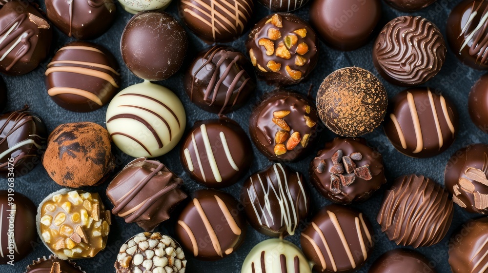 A variety of gourmet chocolate truffles, each with a unique flavor and design, are arranged on a dark surface. These decadent treats symbolize indulgence, luxury, and the art of fine confectionery. A variety of gourmet chocolate truffles, each with a unique flavor and design, are arranged on a dark surface. These decadent treats symbolize indulgence, luxury, and the art of fine confectionery.