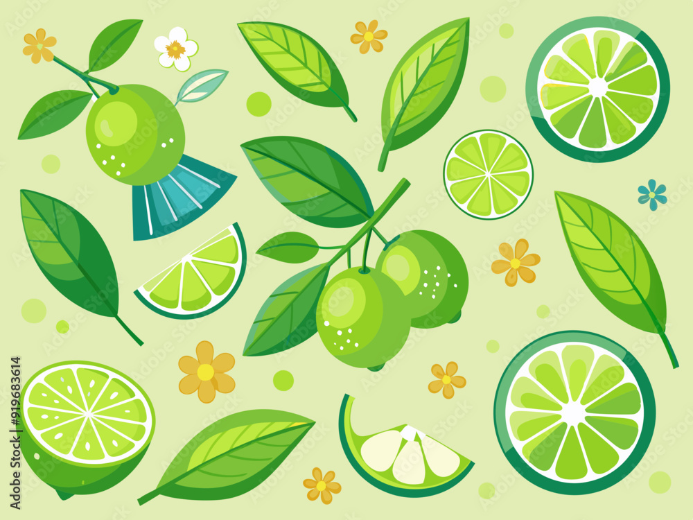 Cartoon limes. Sour lime slices, blossom and leaves on branches. Green citrus fruit seamless texture patterns vector illustration set. Juicy ingredient for drink, lemonade or mojito
Cartoon limes. Sour lime slices, blossom and leaves on branches. Green citrus fruit seamless texture patterns vector illustration set. Juicy ingredient for drink, lemonade or mojito
