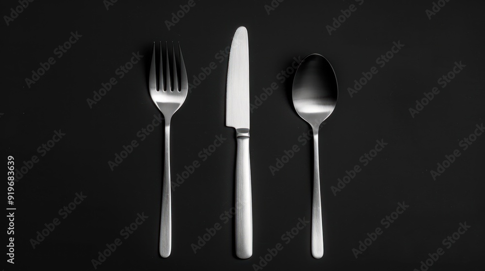 Fork, Knife, and Spoon on Black Background Fork, Knife, and Spoon on Black Background