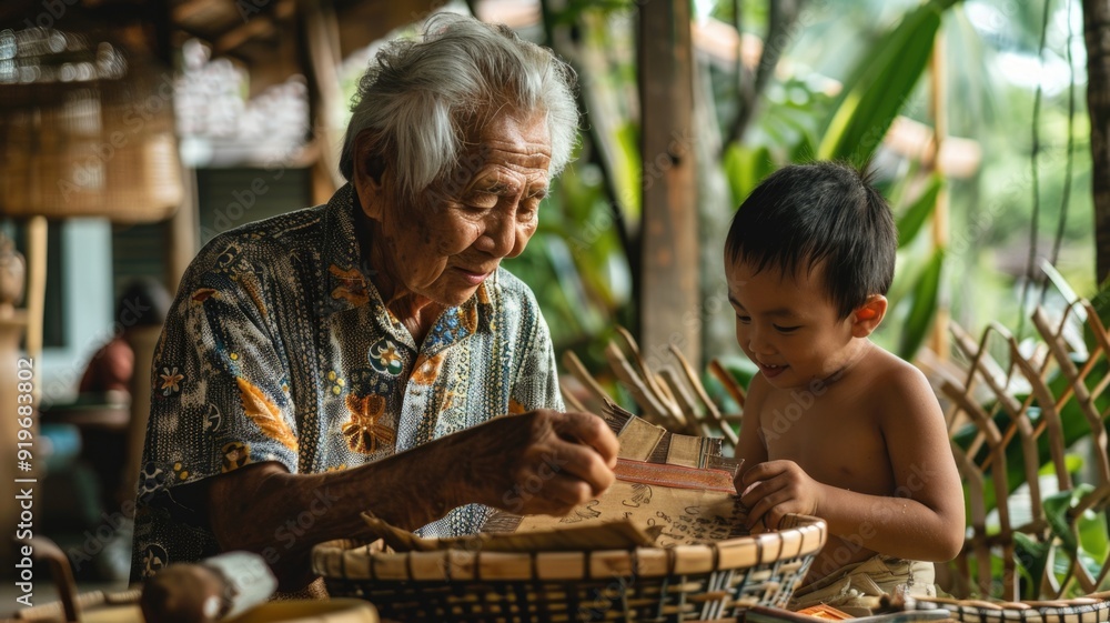 A grandparent showing their grandchild traditional crafts and artwork, A grandparent showing their grandchild traditional crafts and artwork,