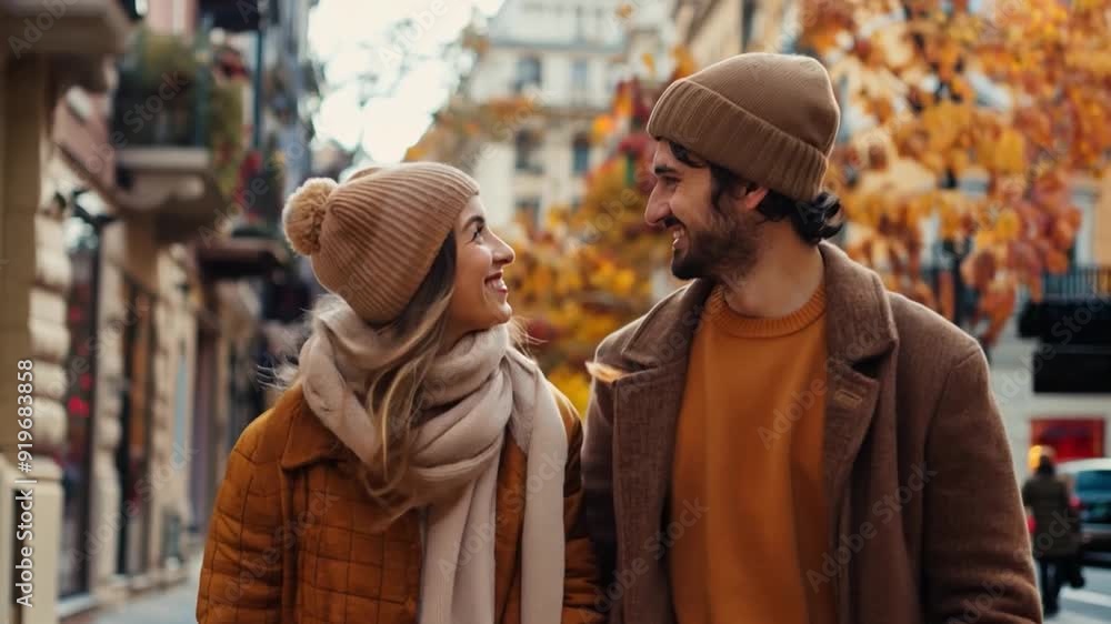 Happy conuple in love strolls hand in hand, sharing smiles amidst colorful autumn leaves lining the city streets Happy conuple in love strolls hand in hand, sharing smiles amidst colorful autumn leaves lining the city streets