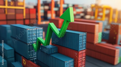 Shipping containers with an upward green arrow indicating increased transportation volumes income growth rising imports and exports and economic development