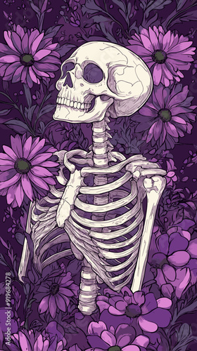 detailed illustration of a skeleton duo surrounded by purple flowers in a flat design poster