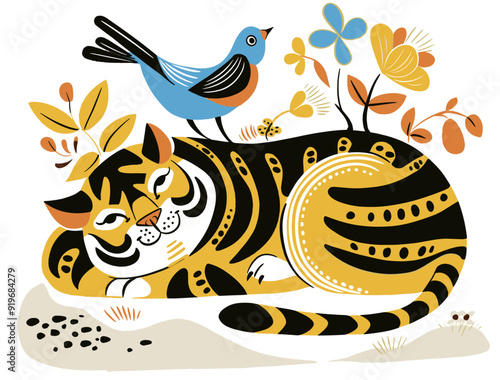 minimalist cartoon tiger sleeping on the ground with a blue bird and flowers around, smiling, on white background